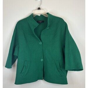 TALBOTS Women Wool Blend Swing Coat Kelly Green Button Pockets 3/4 Sleeve Winter
